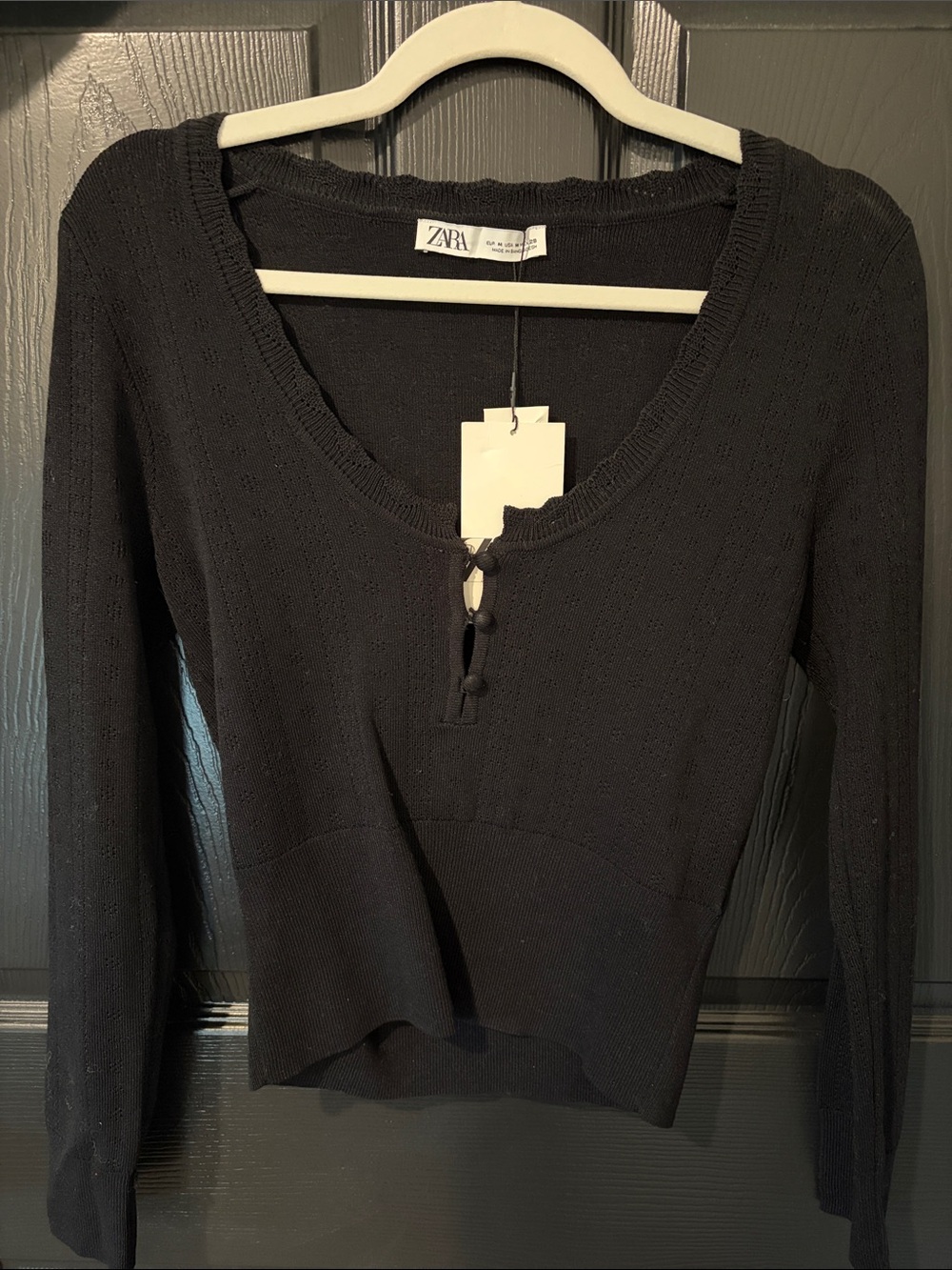 Zara Black Pointelle Long-Sleeve Knit Top with Front Button Detail